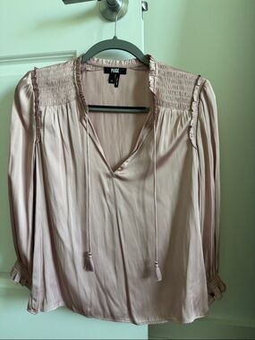 PAIGE Dusty Pink Smocked Yoke Tassel Blouse